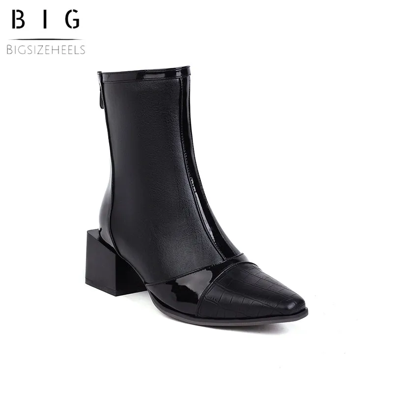 Bigsizeheels Stylish Side Zipper Pointed Toe Chunky Heel Ankle Boots - Black