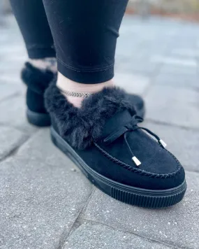 fur lined slip-on shoes | black